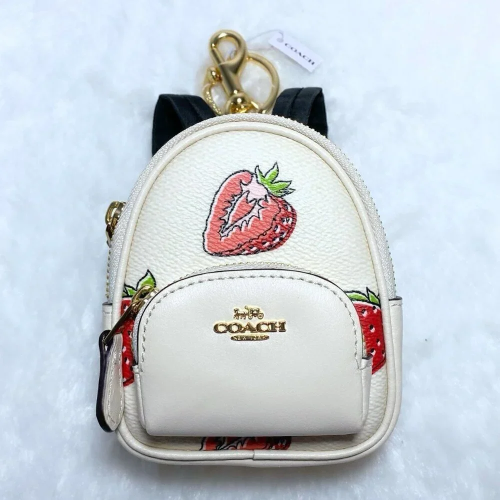 Coach Strawberry Print Mini Backpack Bag Keychain Coin Purse Charm NWT